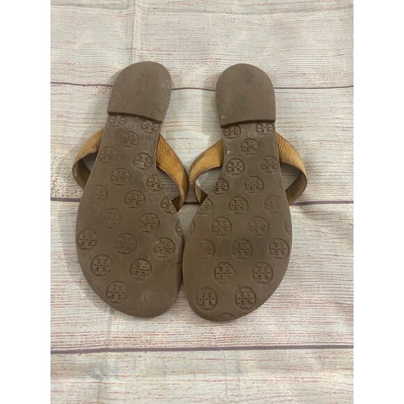 Tory Burch Thora Monogrammed Brown Leather Sandals - 9 - Picture 6 of 11